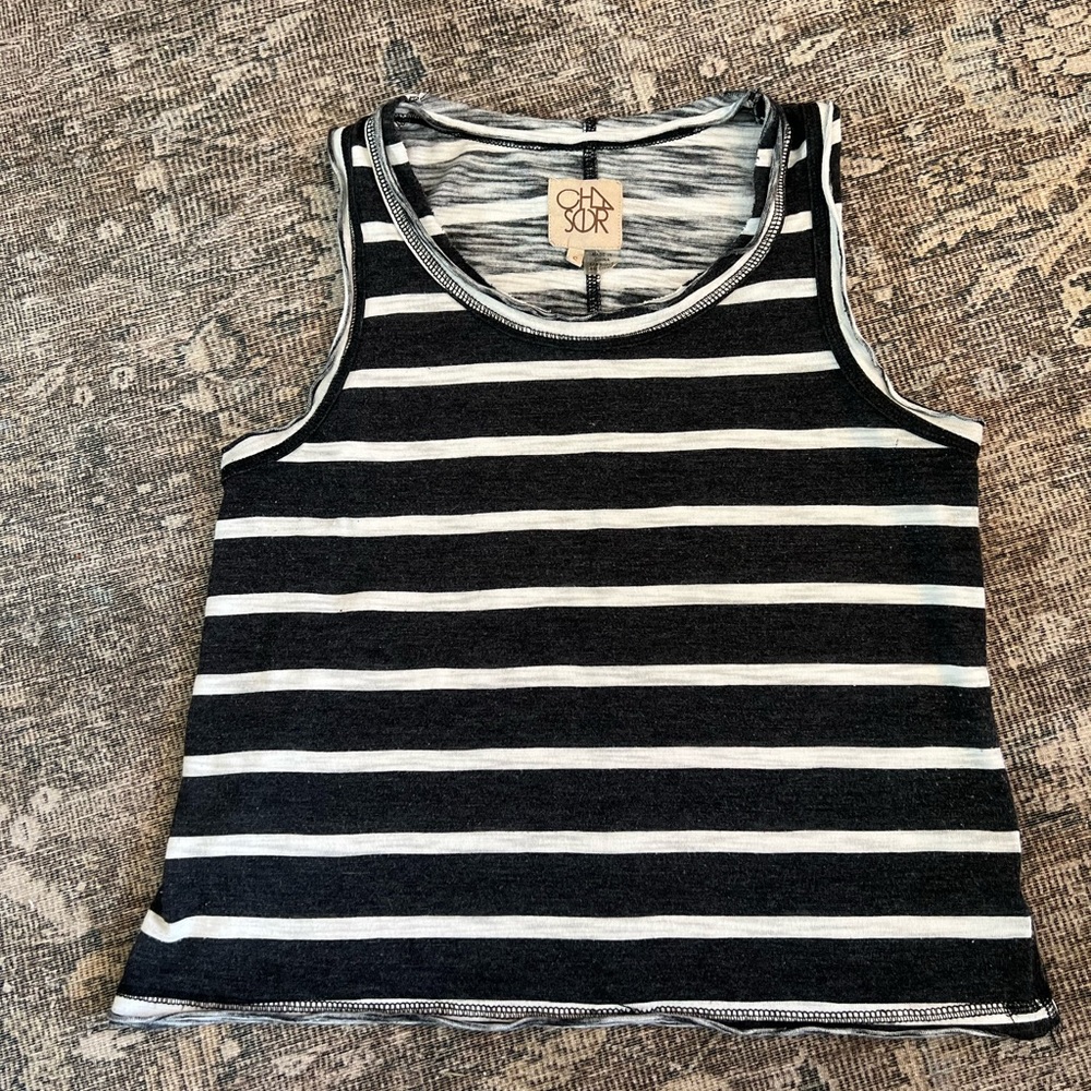 Chaser Women's Sleeveless muscle Tank Top black and white striped Small